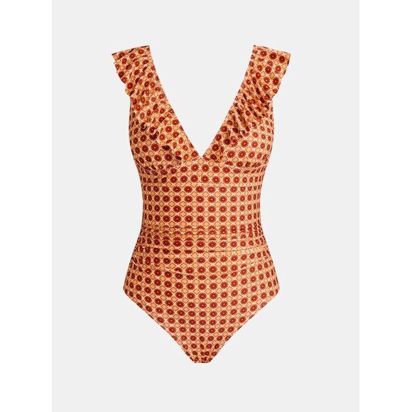 Women's  Orange Ruffled One Piece Swimsuit V Neck Lace Up - Picture 6 of 7